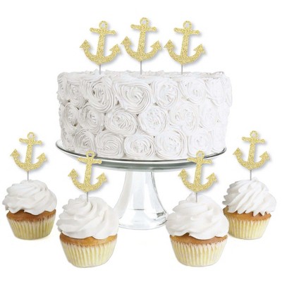 Big Dot of Happiness Gold Glitter Anchor - No-Mess Real Gold Glitter Dessert Cupcake Toppers - Nautical Party Clear Treat Picks - Set of 24