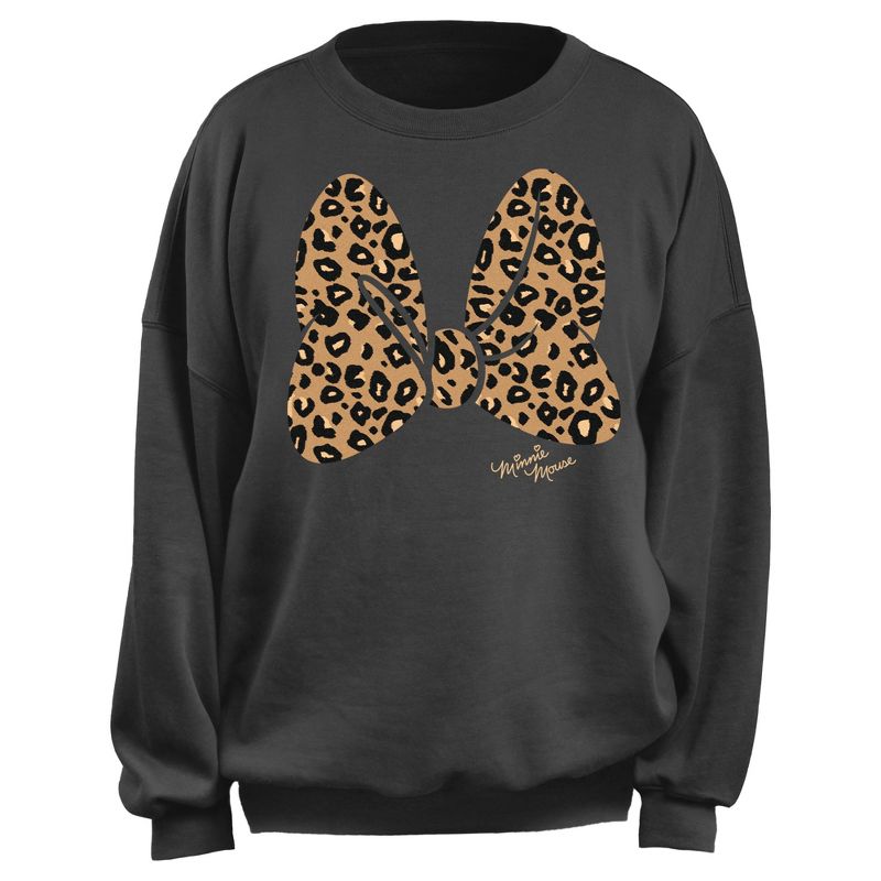 Junior's Mickey & Friends Cheetah Print Minnie Bow Sweatshirt, 1 of 3