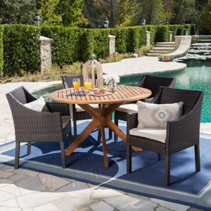 Christopher Knight Home Owen Outdoor Acacia Wood and Wicker 5 Piece Dining Set with Cushion - 1 of 4
