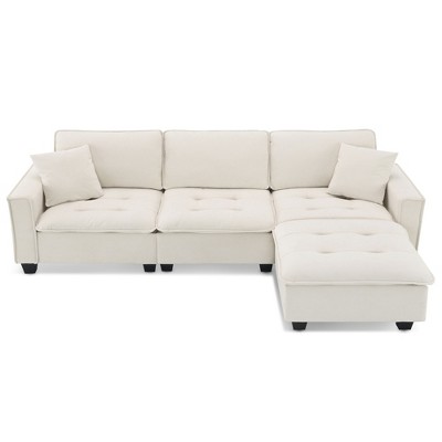 NicBex Velvet L-Shaped Convertible Sectional Sofa with 2 Pillows and Removable Ottoman for Living Room,Apartment,Office,Beige