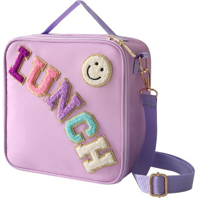 Insulated Lunch Bag With Adjustable Shoulder Strap, Nylon Preppy Lunch Box Reusable Lunch Tote Bag with Smiley Preppy LunchBag for Girls School