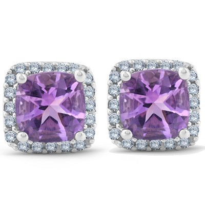 Pompeii3 3ct Pave Halo Amethyst Studs 14K White Gold