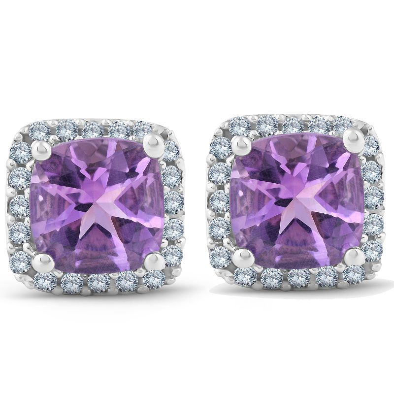 Pompeii3 3ct Pave Halo Amethyst Studs 14K White Gold, 1 of 6