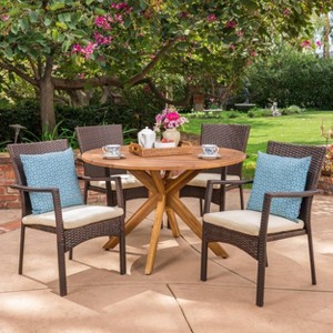 Stamford 5pc Acacia Wood & Wicker Patio Dining Set - Brown - Christopher Knight Home: Weather-Resistant, Circular Table - 1 of 4
