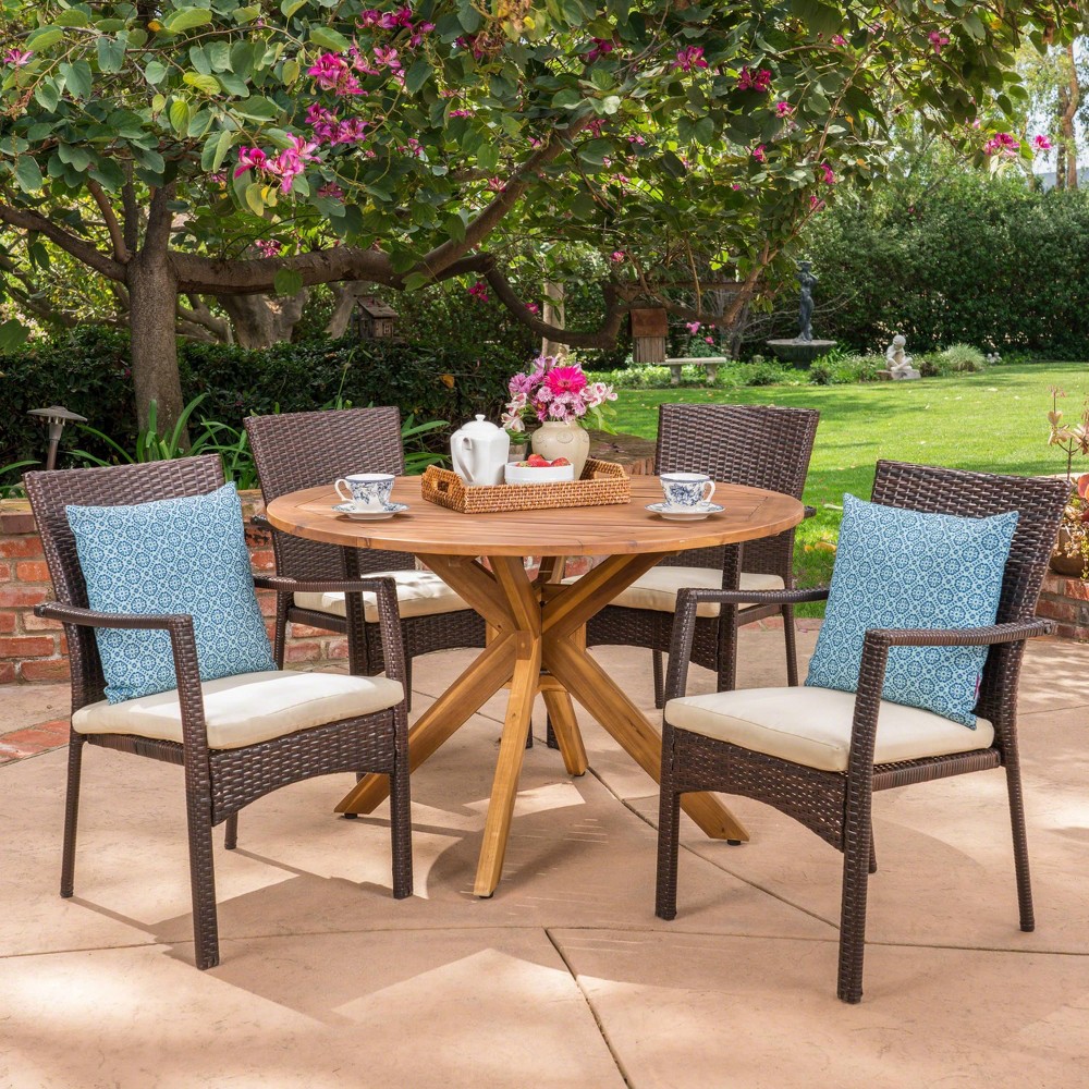 Stamford 5pc Acacia Wood & Wicker Patio Dining Set - Brown - Christopher Knight Home: Weather-Resistant, Circular Table