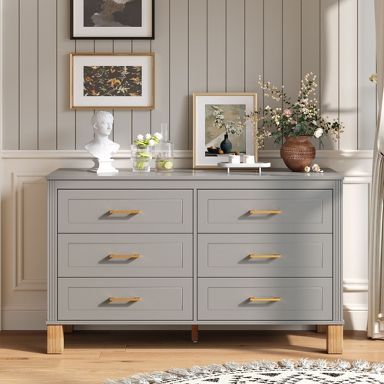 target grey dresser 6-Drawer Double in Gray, Modern Storage Cabinet with Metal Handles and Solid Wood Legs, Dresser Drawer Organizer for Bedroom Mixed material