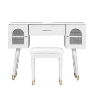 Modern Vanity Desk Set with Integrated Charging Station & Carved Glass Cabinets, Makeup Table with PU Seat - 1 of 4