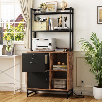 Aheaplus Filing Cabinet with Lock & Charging Station,Wooden Filing Cabinet with Large Drawers and Bookshelves