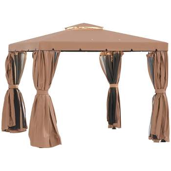 Outsunny 10' x 10' Patio Gazebo Outdoor Canopy Shelter with Double Vented Roof, Netting and Curtains for Garden, Lawn, Backyard and Deck, Brown