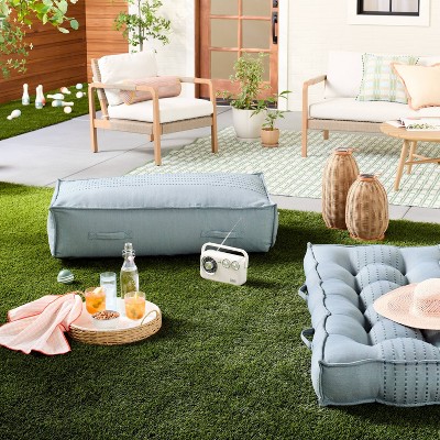 44"x22"x10 Rib Stripe Woven Chambray Outdoor Patio Cushioned Bench  Blue - Hearth & Hand™ with Magnolia