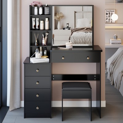 VYNXARIA 37"Middle Size Left Bedside Cabinet Vanity Table&Cushioned Stool, Extra Large Right sliding mirror,Suitable For Middle Space,Black