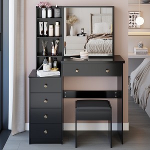 VYNXARIA 37"Middle Size Left Bedside Cabinet Vanity Table&Cushioned Stool, Extra Large Right sliding mirror,Suitable For Middle Space,Black - 1 of 4