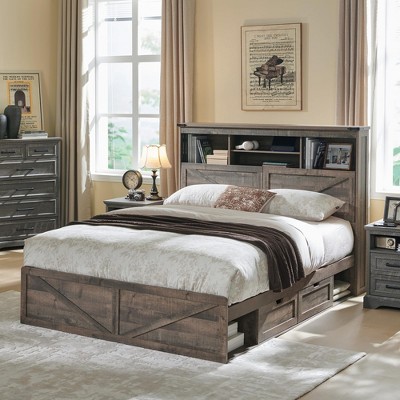 SinCiDo Farmhouse Full Size Bed Frame, w/52" Tall Storage Bookcase Headboard，Charging Station&LED Light, Drawers, No Box Spring Needed, Noiseless