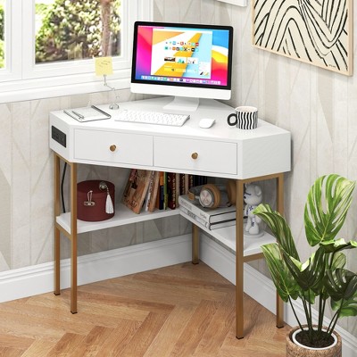 White and Gold Corner Desk with Drawers and Power Outlet