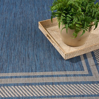 Denim Blue and Beige Geometric Rectangular 4' x 6' Indoor/Outdoor Rug