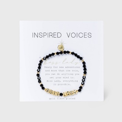 Gold Tone Plated 'Boss Lady' Stretch Bracelet - Black