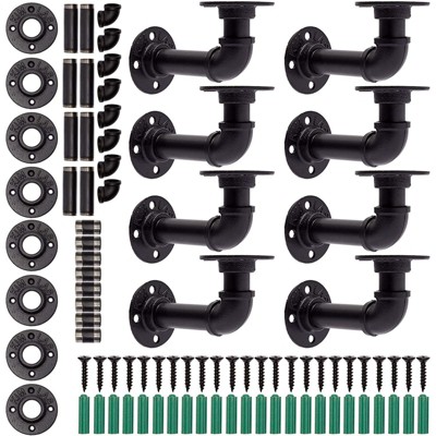 Farmlyn Creek 8 Pack Metal Industrial Pipe Shelf Brackets and Hardware (Black, 5.1 in)