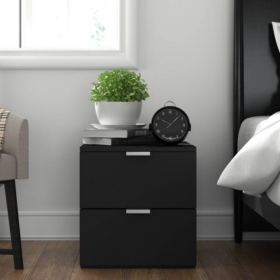 Matte Black Wood 2-Drawer Nightstand with Silver Pulls