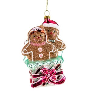 NORTHLIGHT 4.5" Glittered Gingerbread Couples in Gift Box Glass Christmas Ornament - Brown/Pink - 1 of 4
