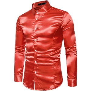 Lars Amadeus Men's Satin Point Collar Long Sleeve Button Down Dress Shirts - 1 of 4