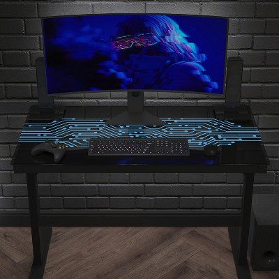 Sleek 46'' Black Tempered Glass Gaming Desk with LED Lights
