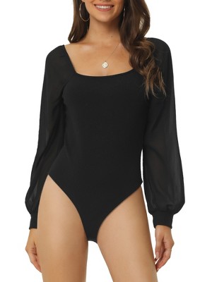 Seta T Women's Square Neck Sheer Long Sleeve Knit Bodysuit Black Small :  Target