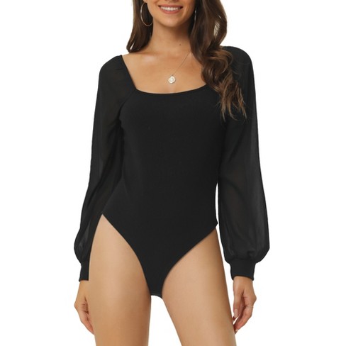 Seta T Women's Square Neck Sheer Long Sleeve Knit Bodysuit Black Small :  Target