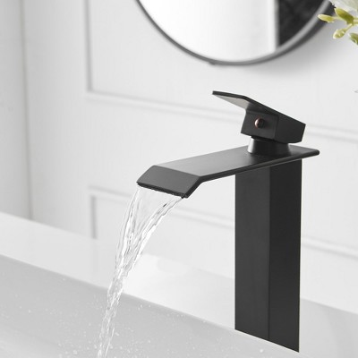 Matte Black Tall Waterfall Vessel Sink Faucet with Pop-Up Drain
