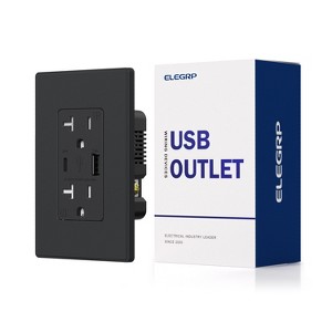 ELEGRP USB Outlet Receptacle, 20 Amp Outlet with USB C and USB A Port,21W Duplex Tamper Resistant Wall Outlet, Wall Plate Included, UL Listed, Black - 1 of 4
