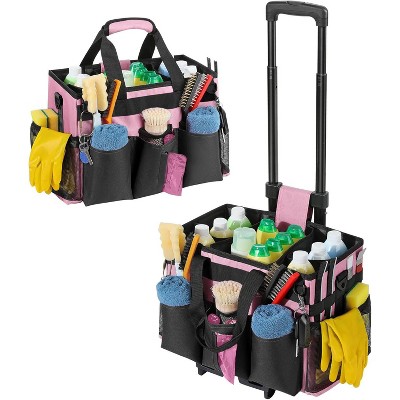Rolling Cleaning Caddy Bag with Detachable Trolley, Large Portable Cleaning Supply Organizer on Wheels with Shoulder Strap