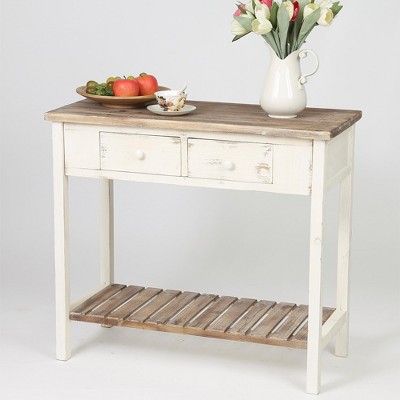 Vintage Distressed White and Natural Wood Console Table with Storage