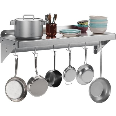 NSF 12"x24" Stainless Steel Floating Shelf with Backsplash & 5 Hooks - Commercial Wall Shelf for Pots, Pans & Cookware