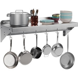 NSF 12"x24" Stainless Steel Floating Shelf with Backsplash & 5 Hooks - Commercial Wall Shelf for Pots, Pans & Cookware - 1 of 4