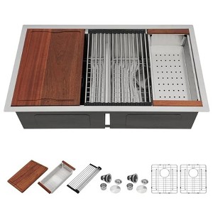 Dcolora 33 Inch Double Bowl Undermout Kitchen Sink Stainless Steel Workstation Sinks Ledge Workstation 50/50 Split Low Divided - 1 of 1