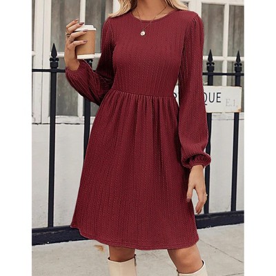 Women's Knit Round Neck Dress Casual Long Sleeve Midi Dress