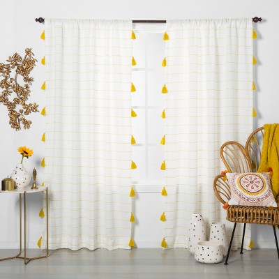 95"x54" Contrast Stripe Light Filtering Window Curtain Panels with Tassel Yellow/White - Opalhouse™