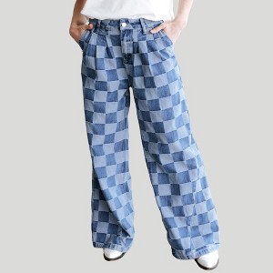 Amaryllis Women’s High Waist Denim Checkered Pants Relaxed Wide Leg Pleated Front Vintage Wash Statement Jeans - 1 of 4