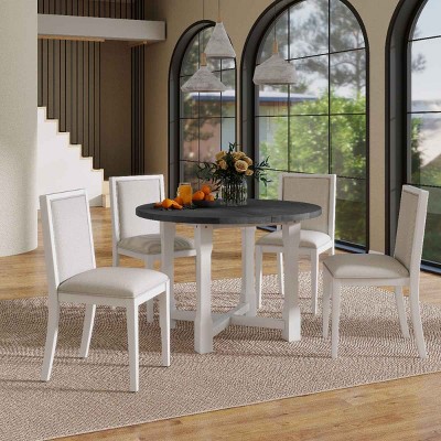 5 PCS Dining Set with Extendable Table, Farmhouse Style Dining Table with Removable Leaf, Wood Frame Chair with Polyester Cushion-Coolbibila