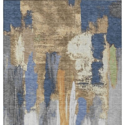 Navy Blue And Gold Abstract Washable Indoor Outdoor Area Rug