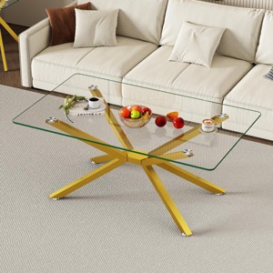 SEVOBAL Dining Tables 39.37" Rectangular Glass Coffee Table with Metal Legs Modern Stylish Design for Living Room, Gold, 39.37"*23.62"*16.93" - 1 of 4