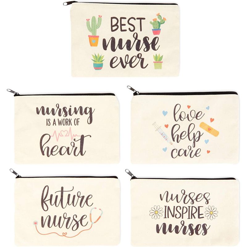 Sparkle and Bash 5-Pack Canvas Makeup Bags for Nurse Appreciation Gifts, Cosmetic Pouches (9" x 6"), 1 of 6