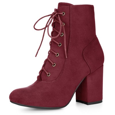 Allegra K Women's Lace Up Quilted Side Zip Soft Lining Chunky Heel Ankle Booties