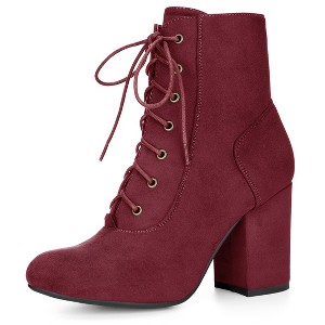 Allegra K Women's Lace Up Quilted Side Zip Soft Lining Chunky Heel Ankle Booties - 1 of 4