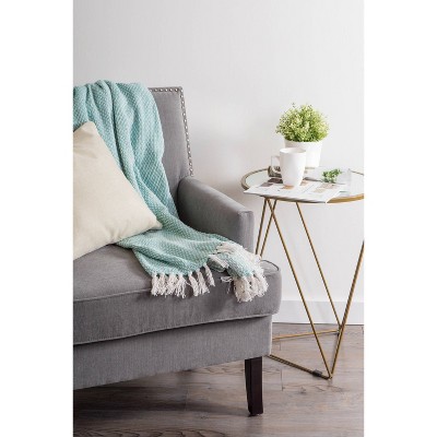Aqua Blue Cotton Woven Throw Blanket with Fringe