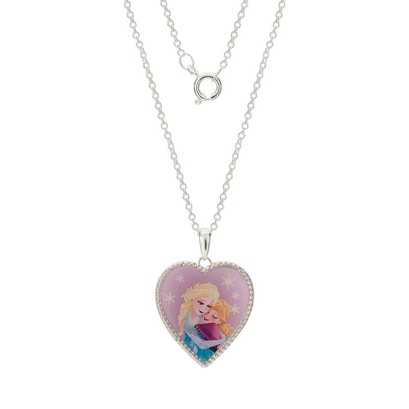Disney Womens Frozen II Silver Plated Frozen Necklace with Embracing Elsa and Anna Heart Pendant Jewelry, 3 of 6