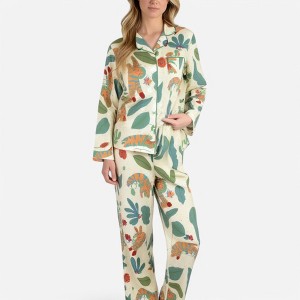 Anna-Kaci Lounge Women's Long Sleeve Button-Up Jungle Print Pajama Set with Chest Pocket and Matching Pants - 1 of 4
