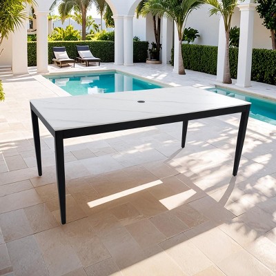 Modern 6-Seater Outdoor Dining Table, Rectangle Aluminum Patio Table with Sintered Stone Top, Umbrella Hole, Aluminum Frame - Cuddlewood
