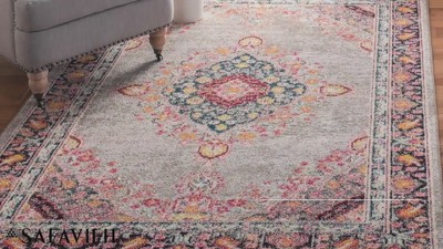 Navy and Turquoise Round Synthetic Floral Area Rug