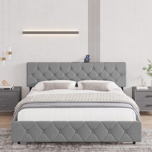 Full Size Bed Frame, Upholstered Platform with Adjustable Headboard, Linen Fabric Wrap, USB Ports, No Box Spring Needed, Easy Assembly, Light Gray - 1 of 4