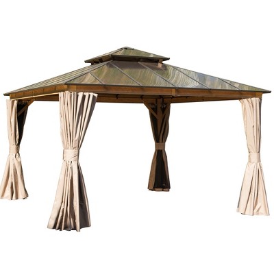 Gloweer Outdoor Hardtop Aluminum Gazebo Permanent with Polycarbonate Double Roof, with Curtain and Net